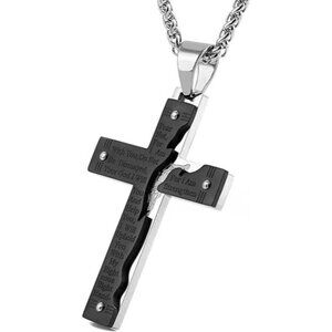 Black Stainless Steel Jesus Christ Crucifix Cross Lord's Prayer Pendant Necklace